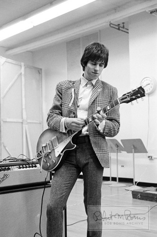 Kieth Richards plays guitar during a Rolling Stones rehearsal and recording session of backing tracks for an appearance on the popular TV show Shindig on May 18 and 19 at TCA Studios in Hollywood, California, May 18-19, 1965.
