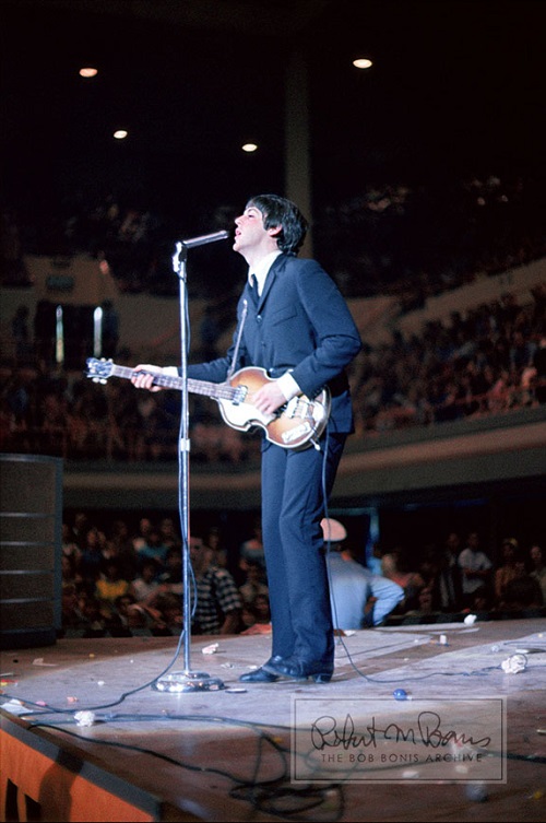 Paul McCartney singing on stage at the Sam Houston Coliseum in Houston, Texas, August 19, 1965.